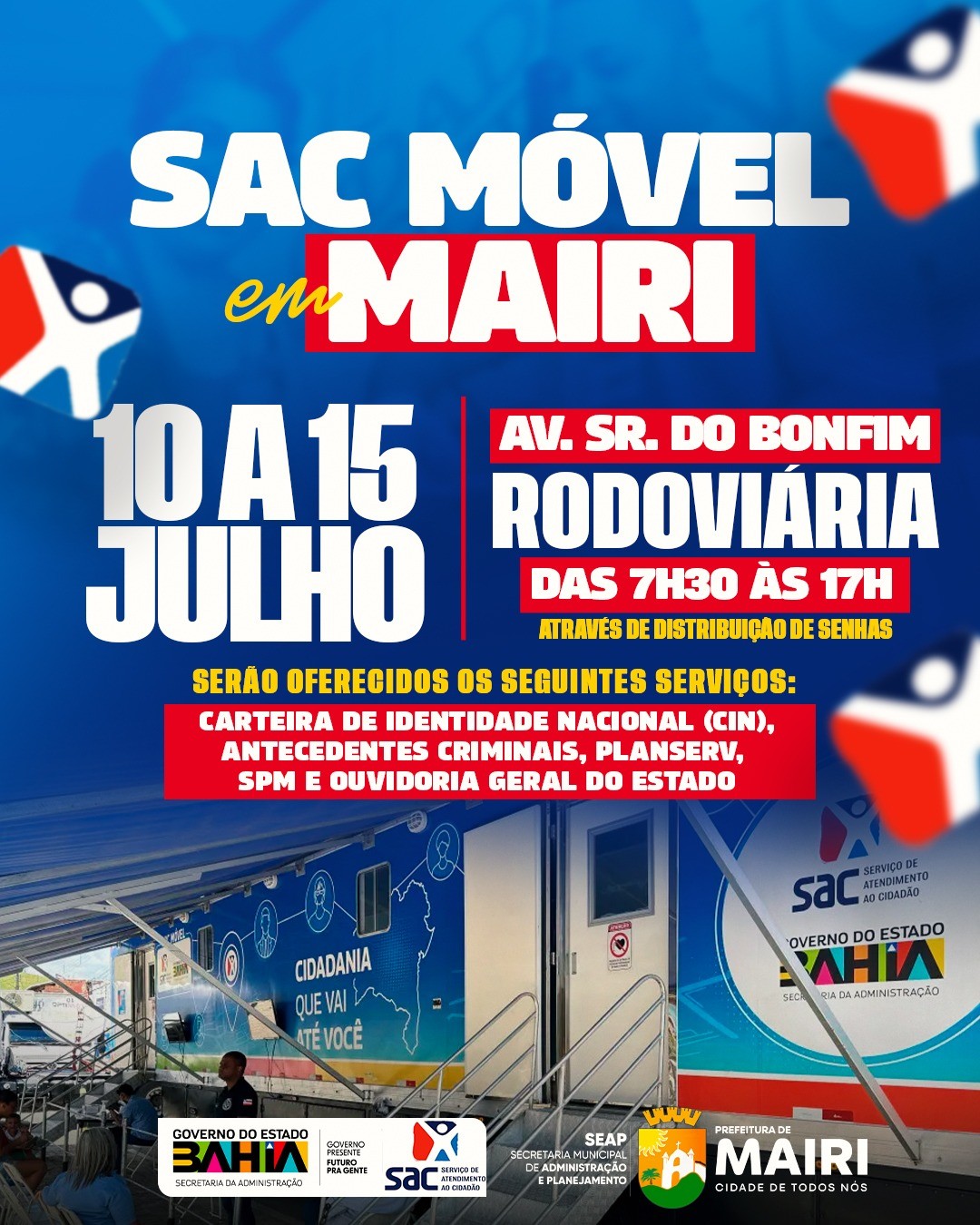 SAC Móvel atenderá em Mairi de 10 a 15 de julho com emissão de documentos e outros serviços