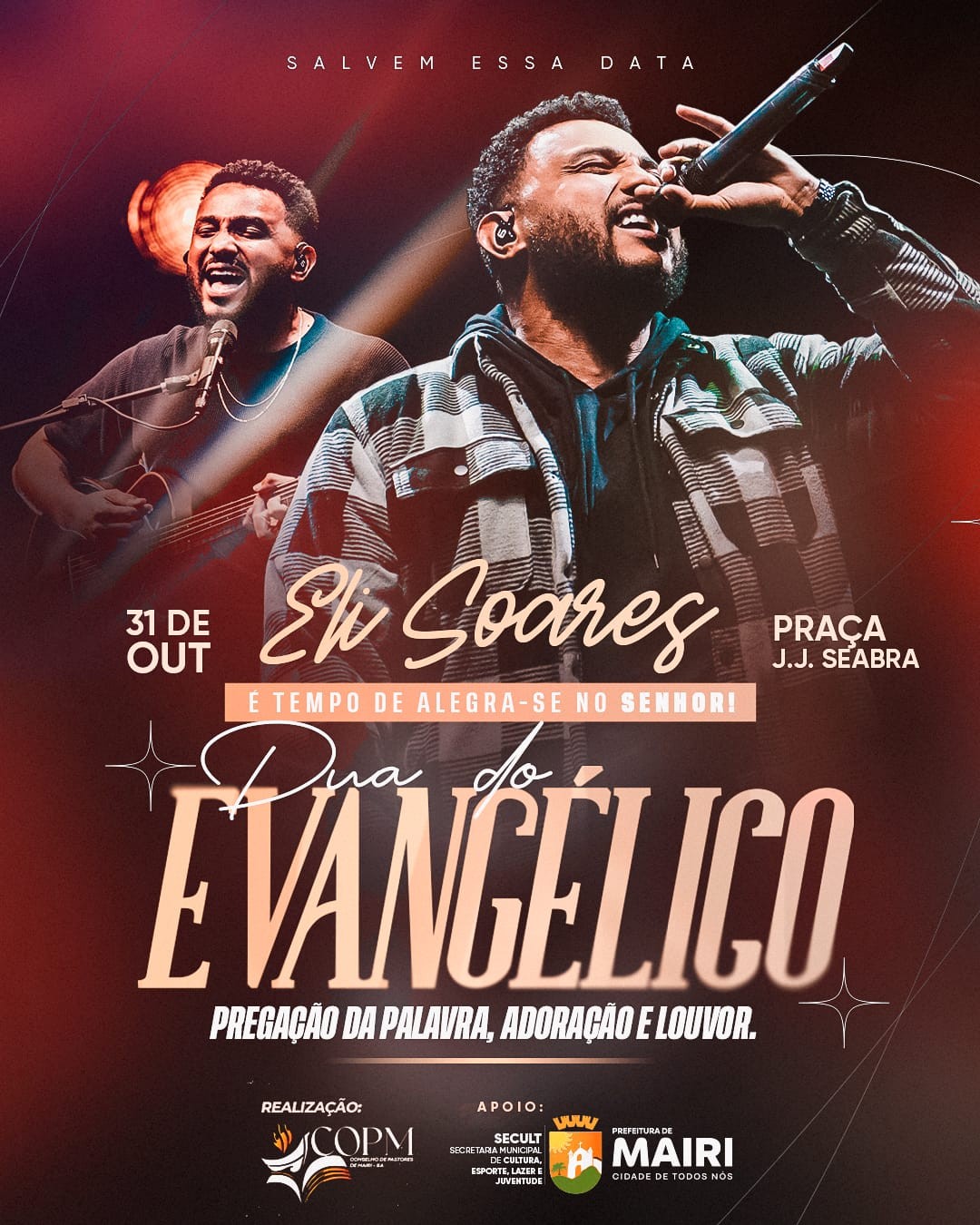 Um dos grandes nomes da música gospel da atualidade, Prefeitura de Mairi confirma Eli Soares no Dia do Evangélico