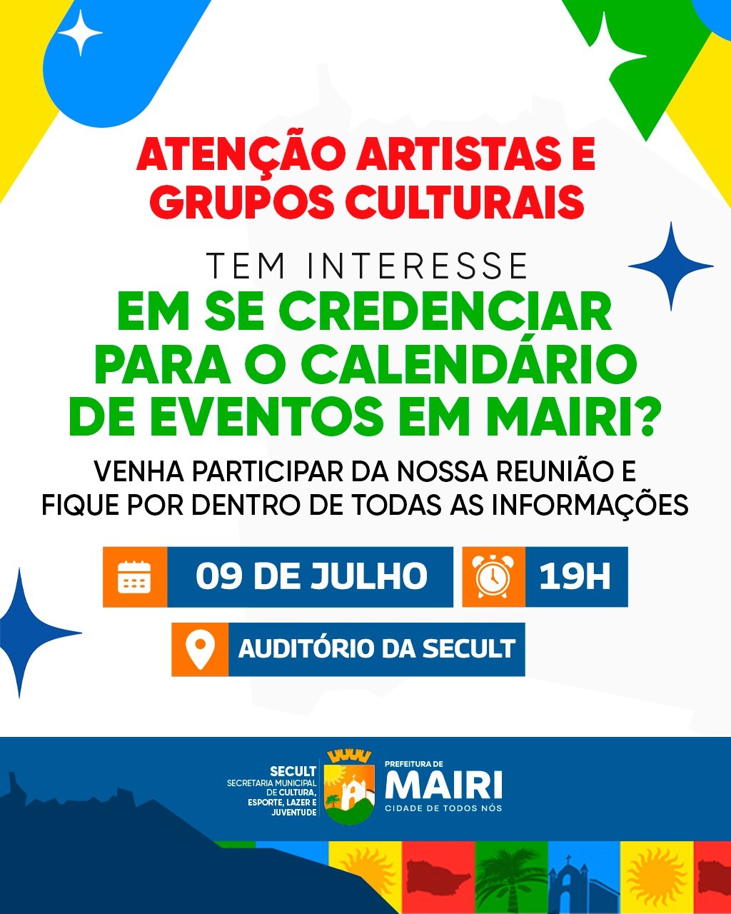 Prefeitura de Mairi realiza reunião para credenciamento de artistas e grupos culturais